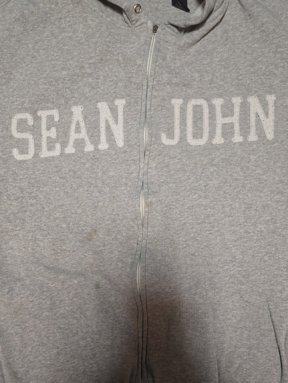 SeanJohn Light Gray Zip-Up Hoodie with White Sleeve Panels (Zipper Handle Broke) - Picture 3 of 7